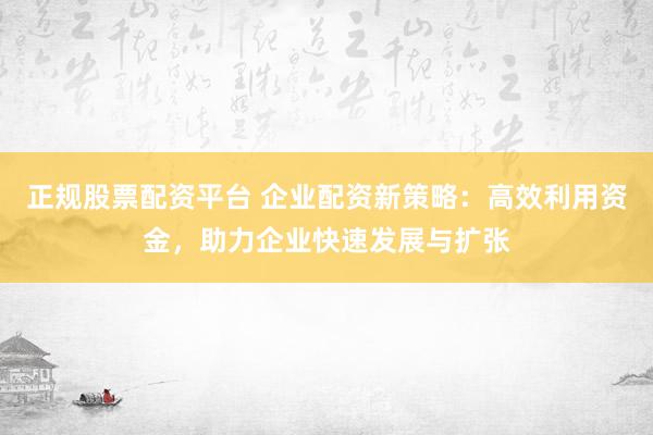 正规股票配资平台 企业配资新策略：高效利用资金，助力企业快速发展与扩张