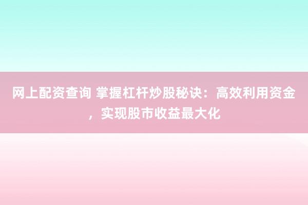 网上配资查询 掌握杠杆炒股秘诀：高效利用资金，实现股市收益最大化